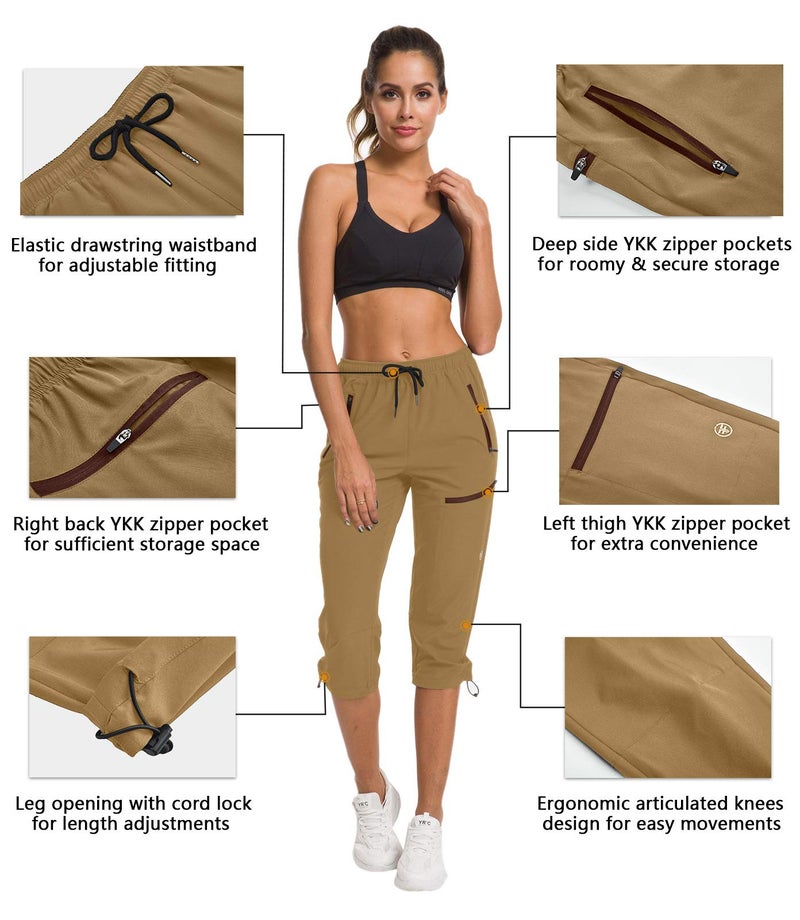 ChinFun Women's Cargo Hiking Pants Water Resistant UPF 50+ Stretch Capris Deep Khaki L - Image 2